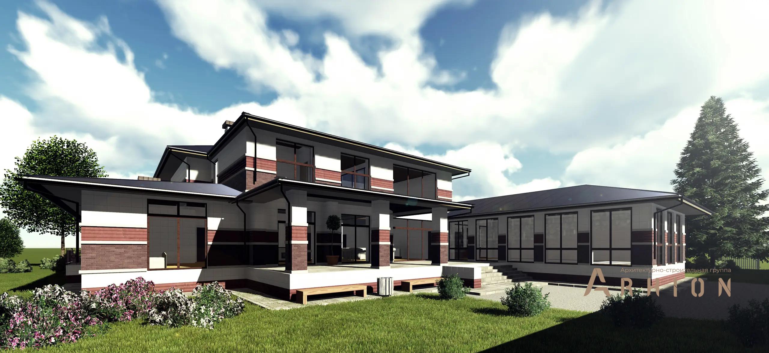 3. Проект двухэтажного дома в стиле Ллойда Райта (прерий) с многоскатной кровлей, H-1136, площадью - 493 кв c сауной, терассой, гаражом, бассейном